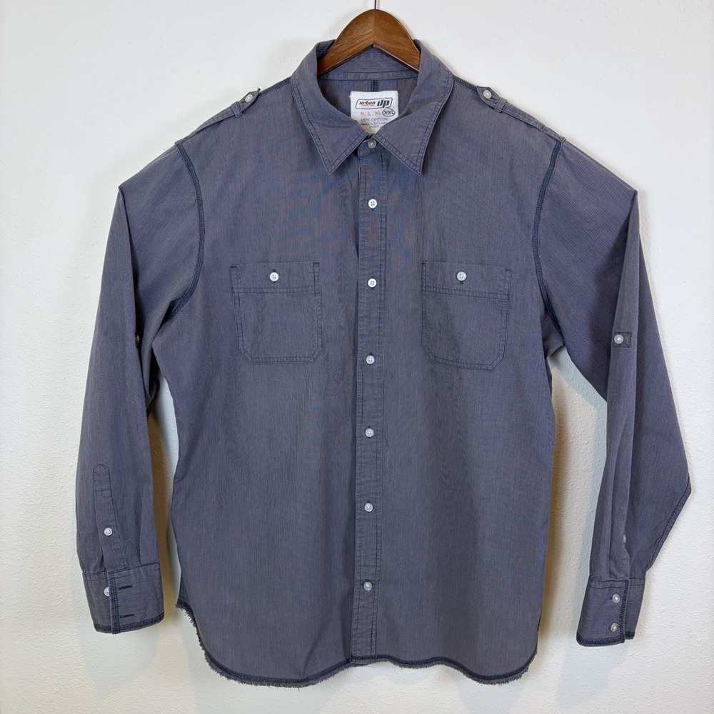 Urban Pipeline Mens Button Up Shirt Size XXL Gray Striped Distressed Raw Hem